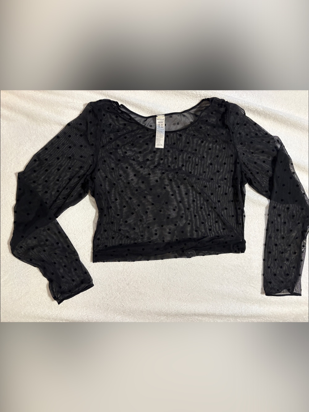 SPANX Sheer Fashion Black Flocked Polka Dot Mesh Crop Top — 1XL EUC